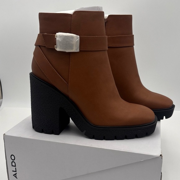 Aldo Tan Ankle Boots with Black Chunky Heel